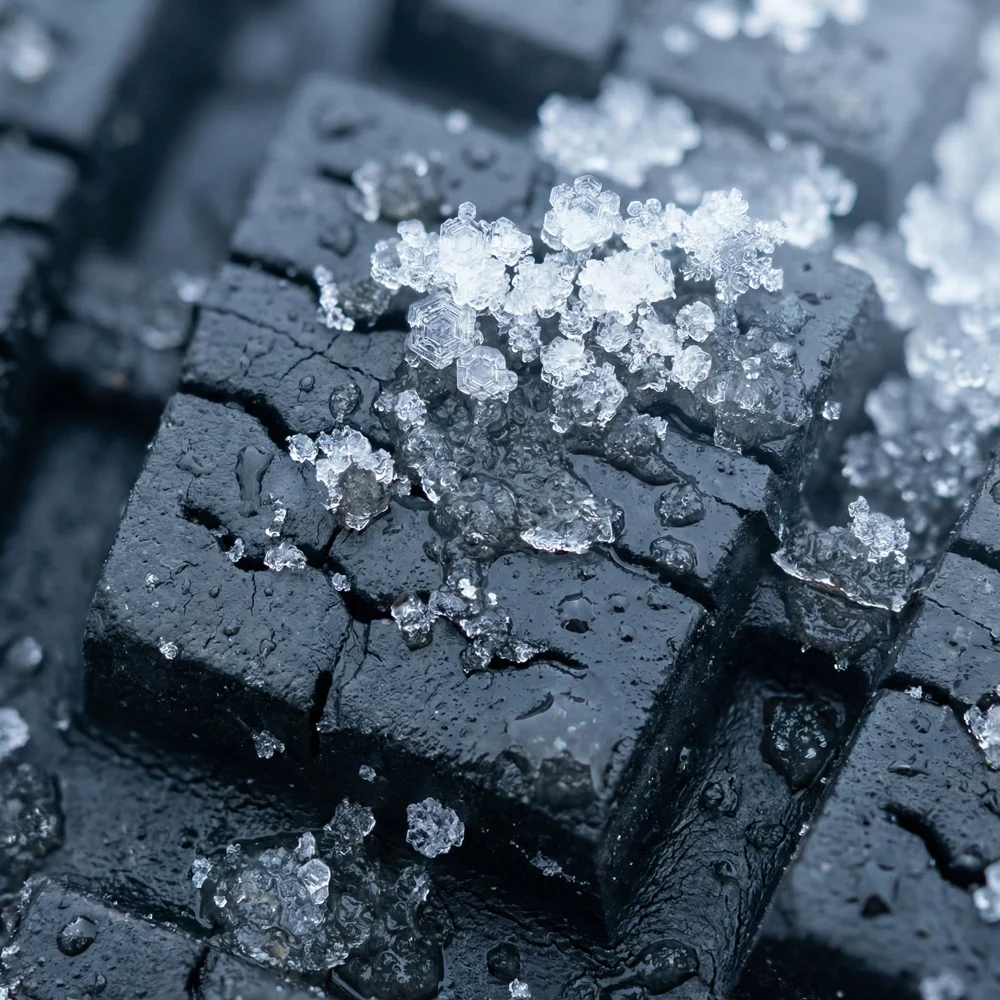 Close-up van winterband met sneeuwvlokken en ANWB Winterbandentest 2025