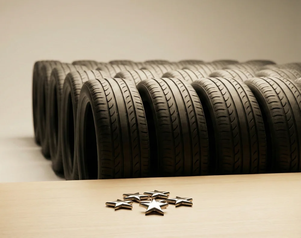 Rij banden opgestapeld na de ANWB zomerbandentest 2025