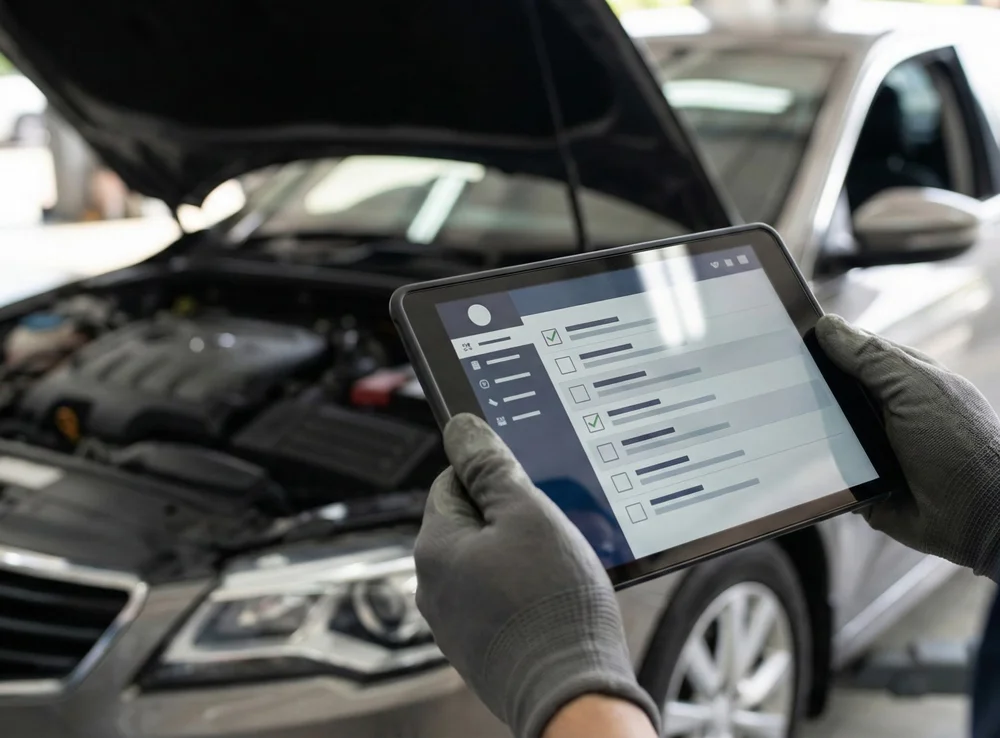 Monteur controleert auto met tablet tijdens APK combineren met merkbeurt