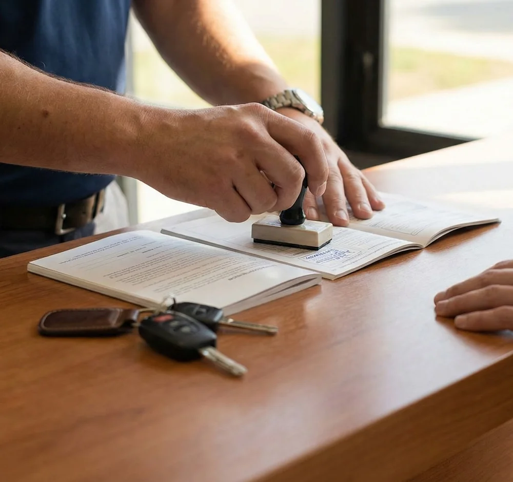 Monteur stempelt onderhoudsboekje na APK combineren met merkbeurt