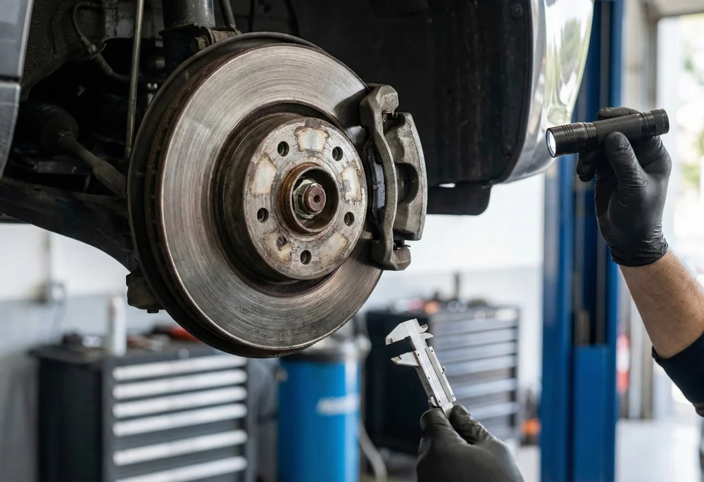 Monteur inspecteert remschijf tijdens APK combineren met grote beurt