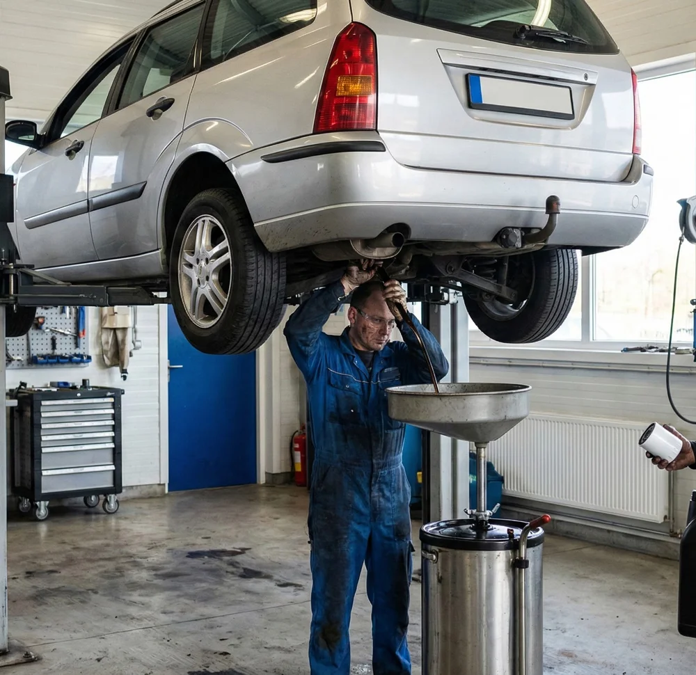 Monteur voert onderhoud uit onder auto tijdens APK combineren met grote beurt