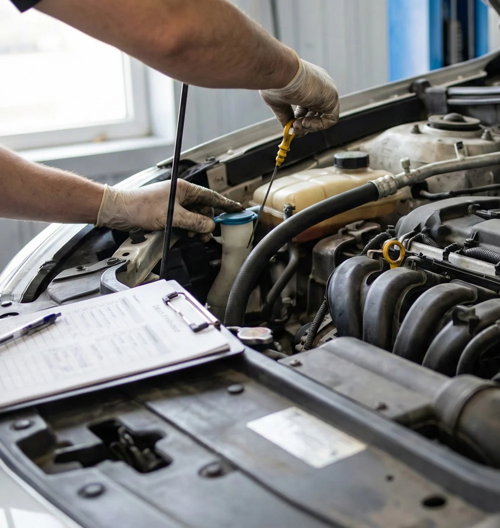 Monteur controleert motorolie tijdens APK combineren met kleine beurt