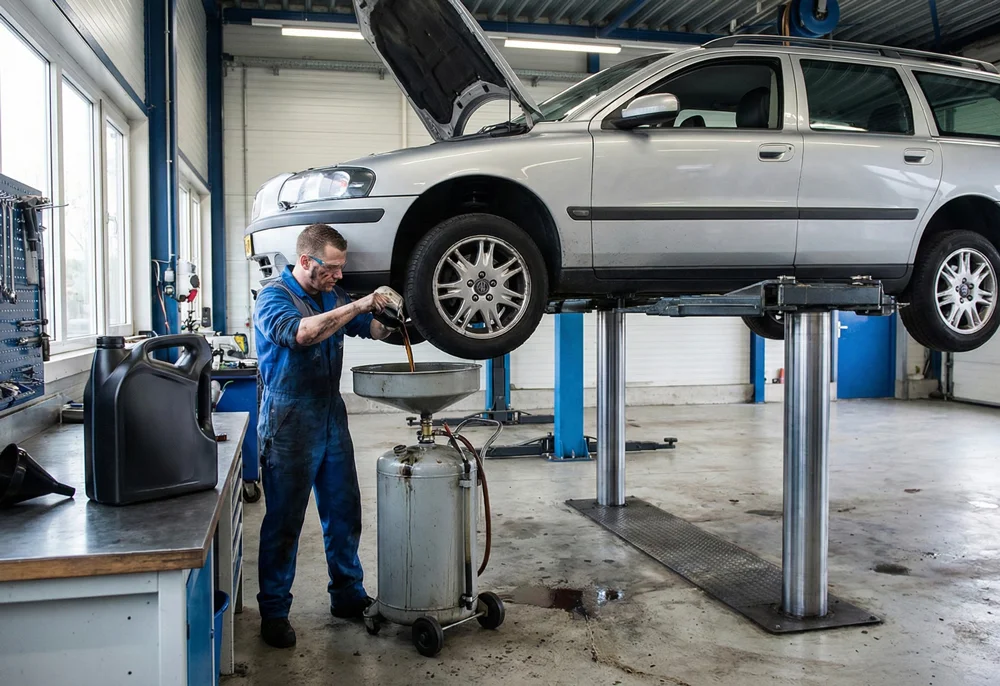 Monteur voert onderhoud uit onder auto tijdens APK combineren met kleine beurt