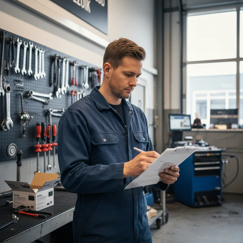 Monteur noteert inspectieresultaten op een clipboard tijdens APK combineren met onderhoudsbeurt