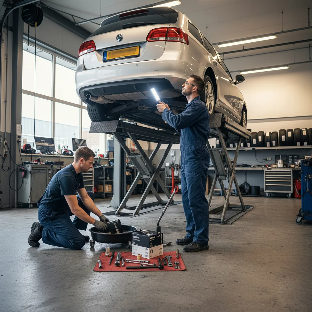 Twee monteurs controleren de onderkant van een auto en vervangen onderdelen tijdens APK combineren met onderhoudsbeurt