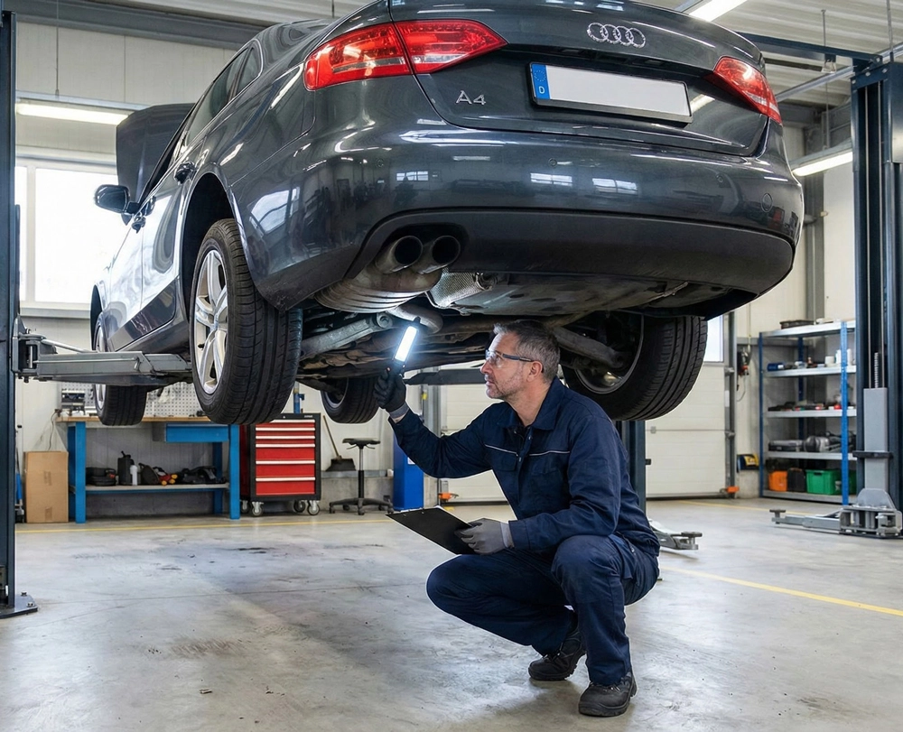 Monteur inspecteert onderkant Audi A4 tijdens Audi APK keuring