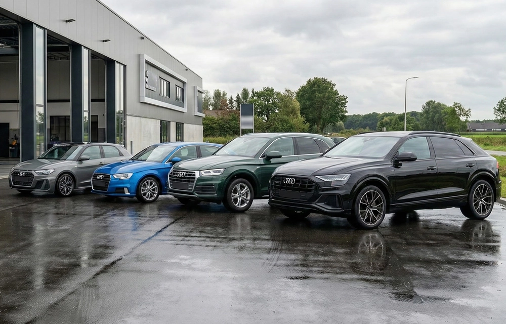 Verschillende Audi modellen geparkeerd bij garage voor Audi APK keuring