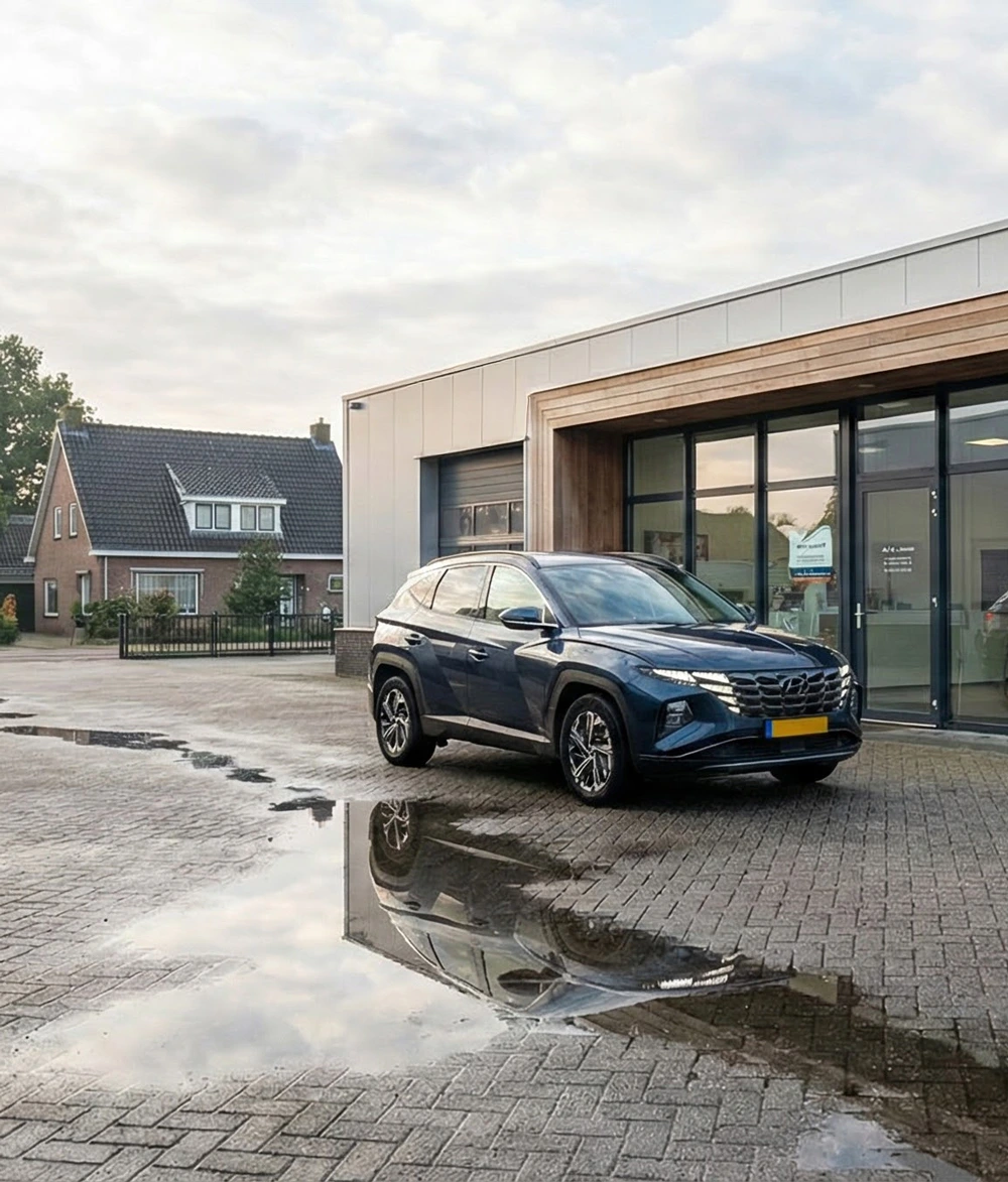 Hyundai SUV geparkeerd bij garage voor Hyundai APK keuring