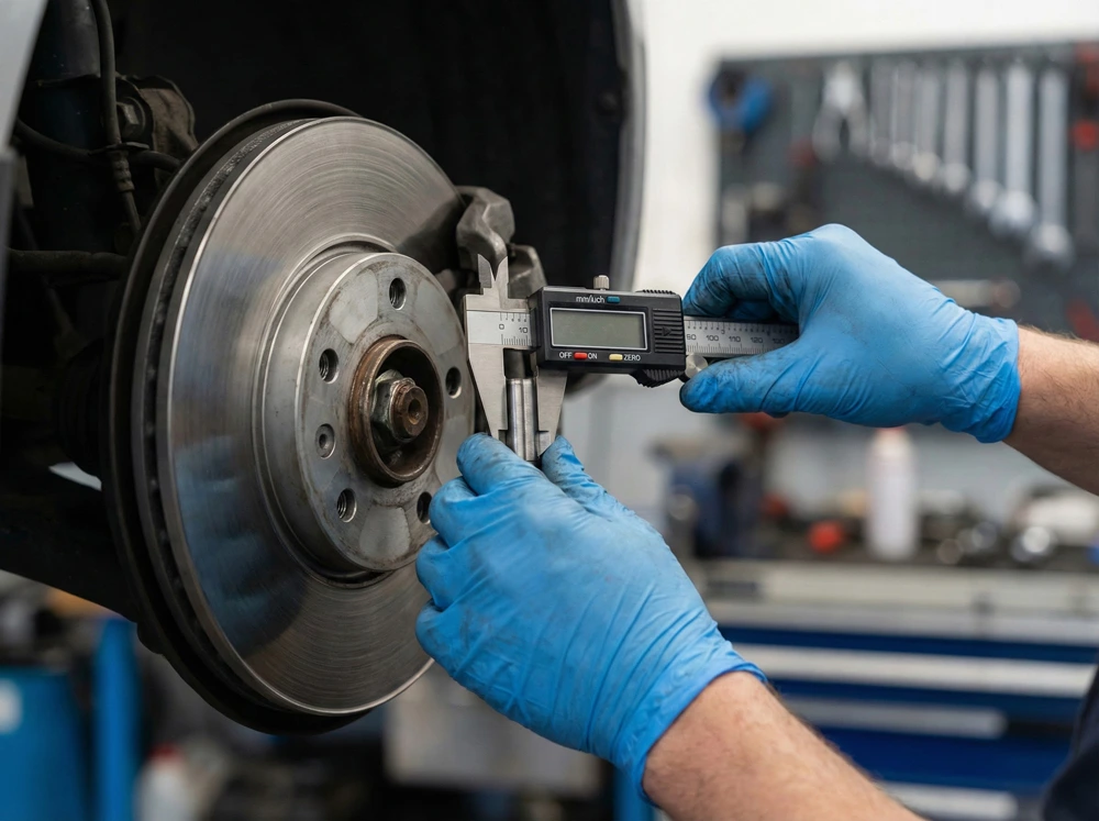 Monteur meet remschijf dikte tijdens Hyundai APK keuring