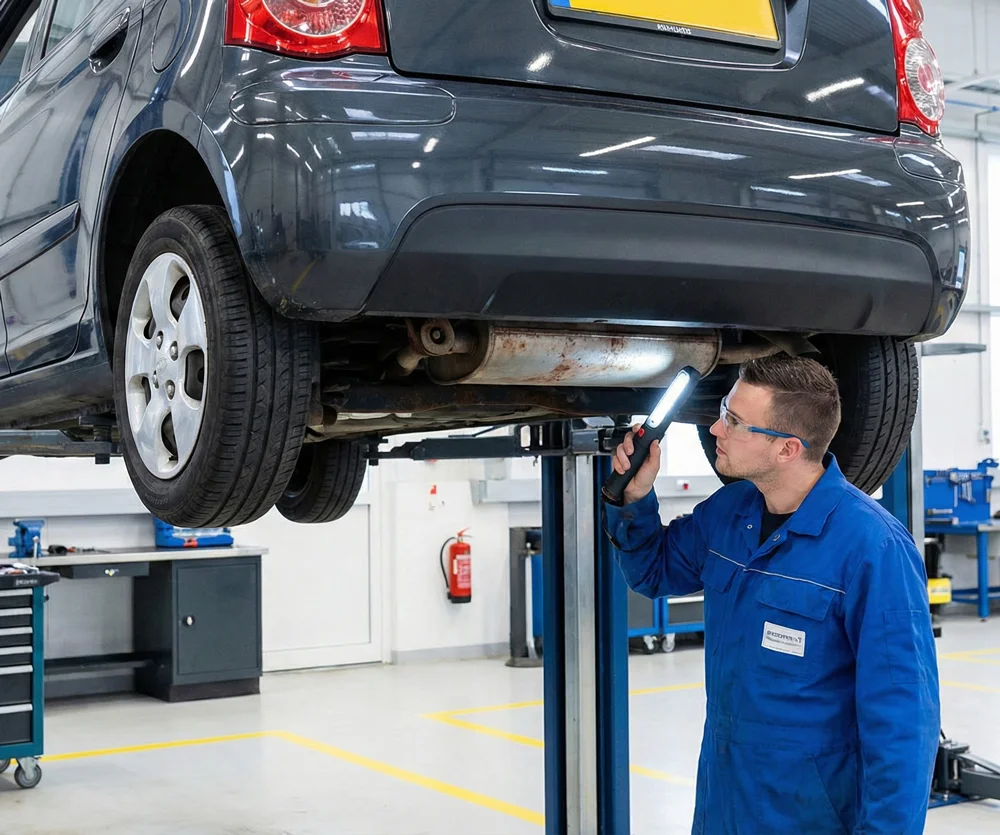 Monteur inspecteert uitlaat van Kia tijdens Kia APK keuring