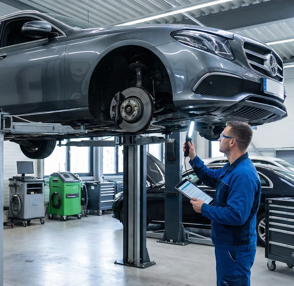 Monteur inspecteert remmen van Mercedes tijdens Mercedes APK keuring