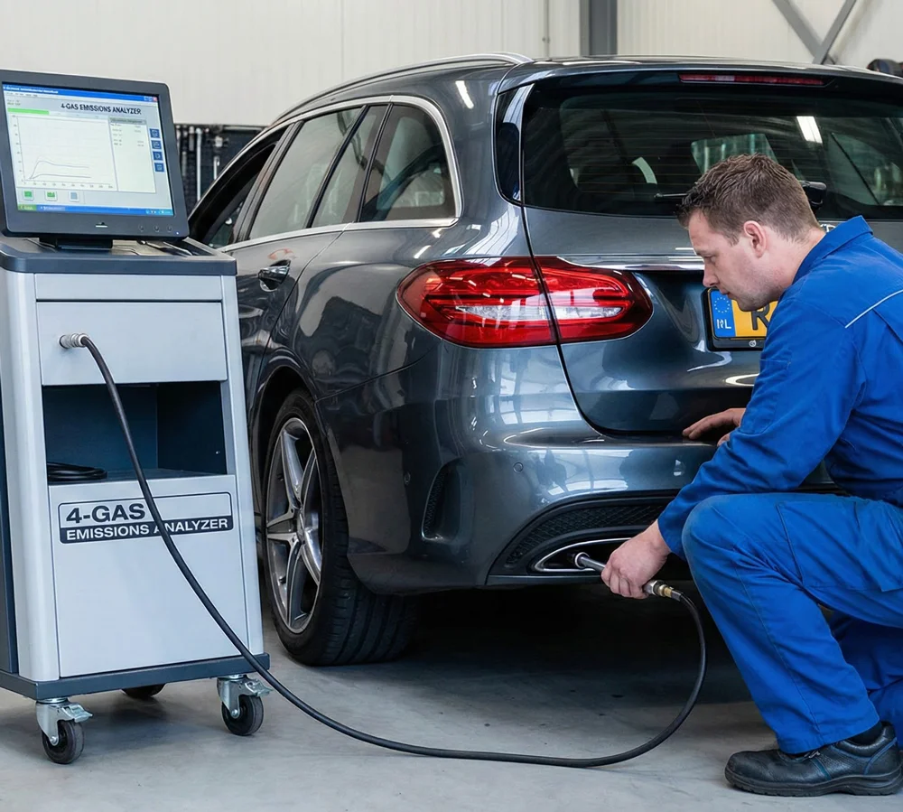 Monteur meet uitstoot van Mercedes tijdens Mercedes APK keuring
