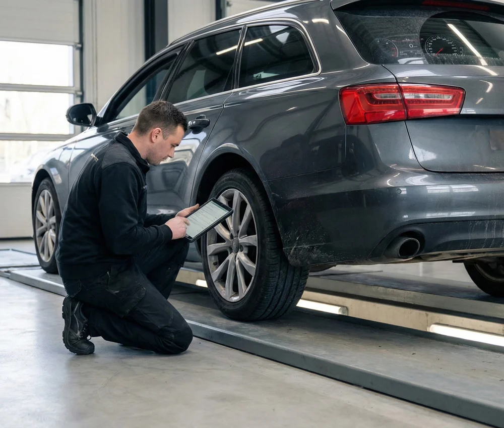 Monteur inspecteert onderkant Volvo tijdens Volvo APK keuring