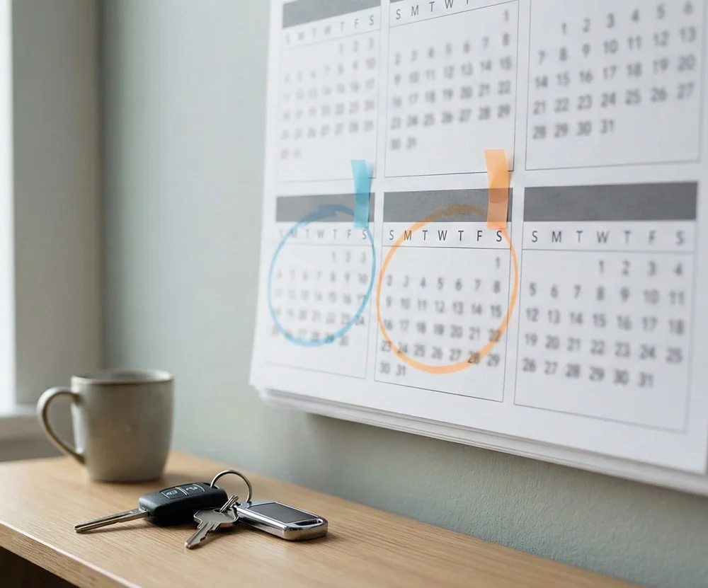 Kalender met omcirkelde data en autosleutels op de voorgrond voor APK vervaldatum checken