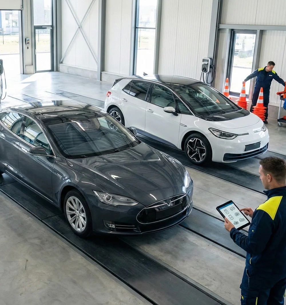 Elektrische auto en hybride in keuringsstation voor APK elektrische auto