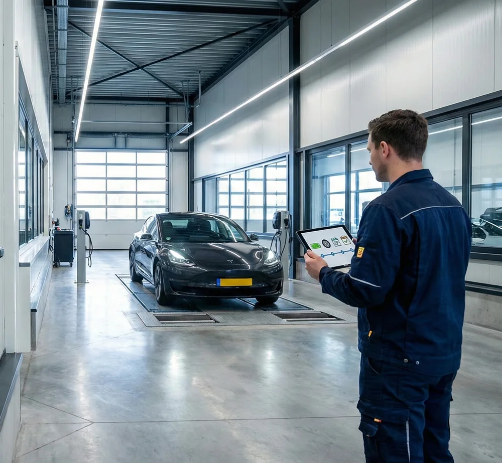 Monteur voert APK elektrische auto uit op Tesla in keuringsstation