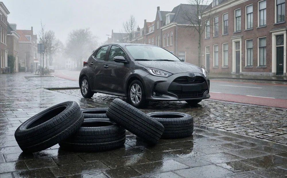 Auto geparkeerd op natte straat met all season banden