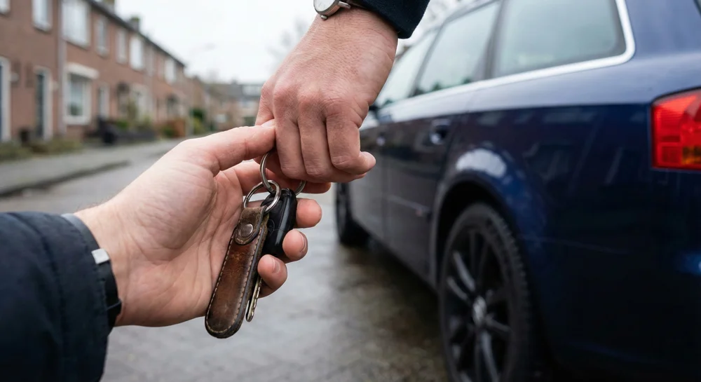 Hand geeft autosleutels aan persoon bij auto met all season banden