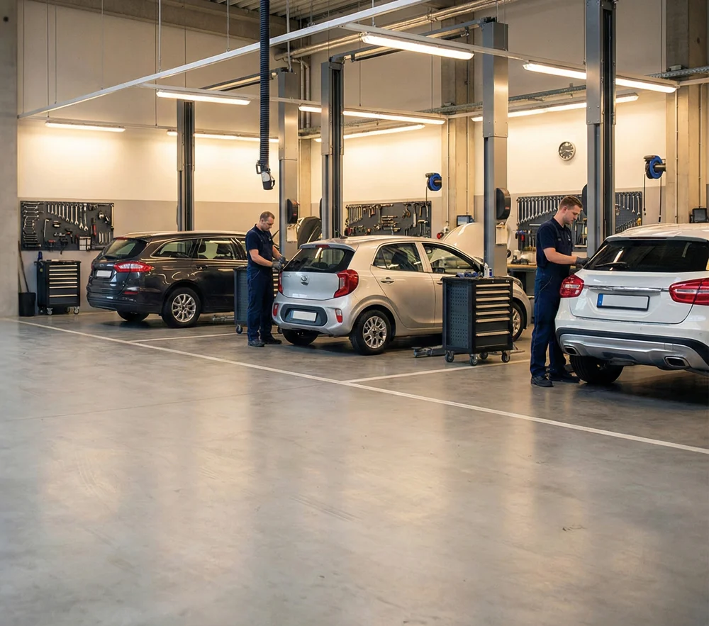 Professionele werkplaats voor auto onderhoud met meerdere auto's op de brug