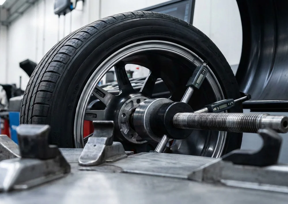 Een wiel op een balanceermachine in de werkplaats voor vakkundig banden balanceren