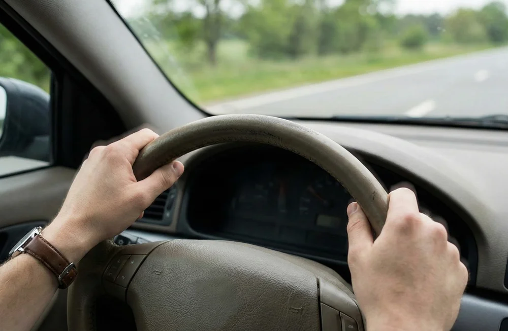 Bestuurder met handen aan het stuur ervaart een trillingsvrije rit na het banden balanceren