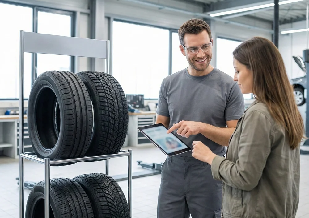 Monteur geeft persoonlijk bandenadvies aan een klant in de werkplaats bij een bandenrek