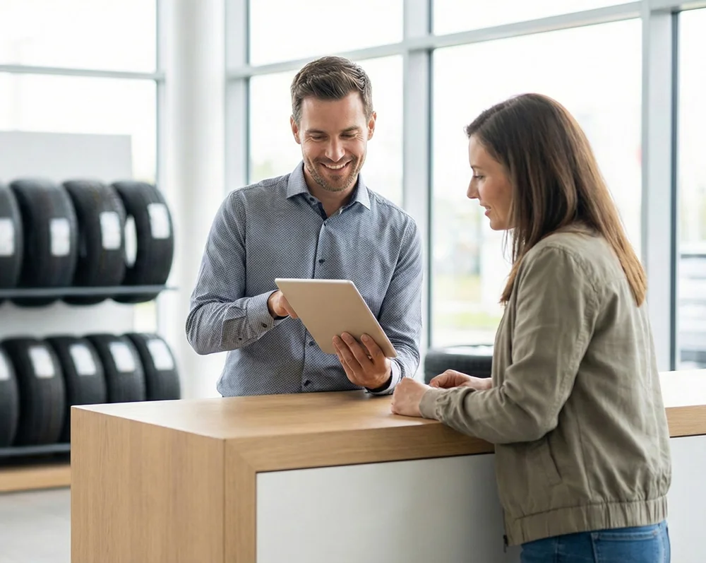 Serviceadviseur gebruikt een tablet om deskundig bandenadvies te geven aan een klant bij de balie