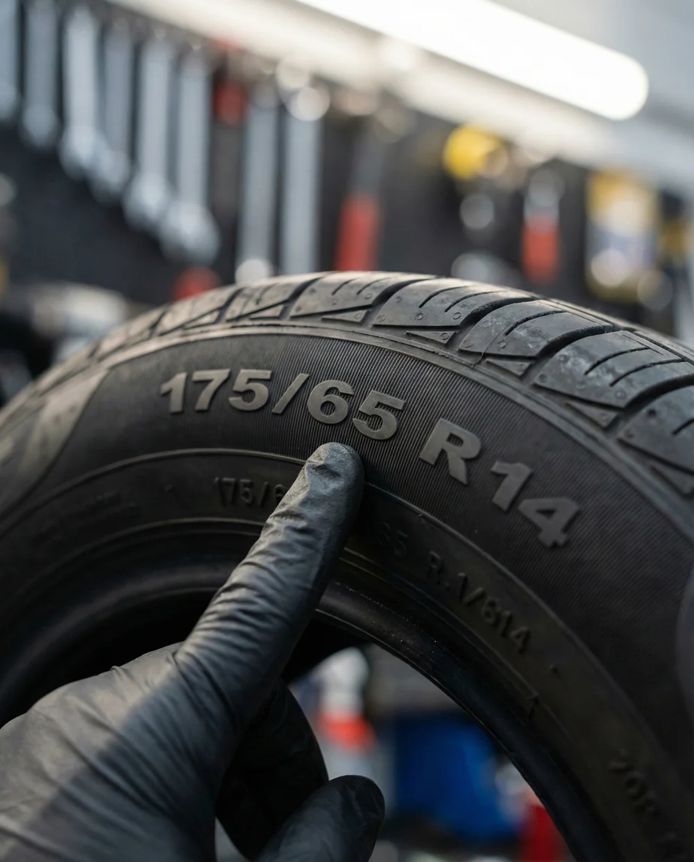 Close-up van een autoband met bandenmaat 175 65 R14 duidelijk zichtbaar