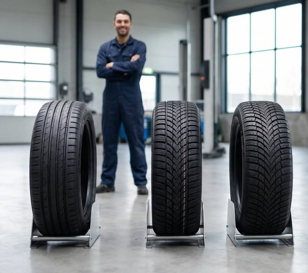 Monteur toont verschillende banden met bandenmaat 175 65 R14 in een werkplaats