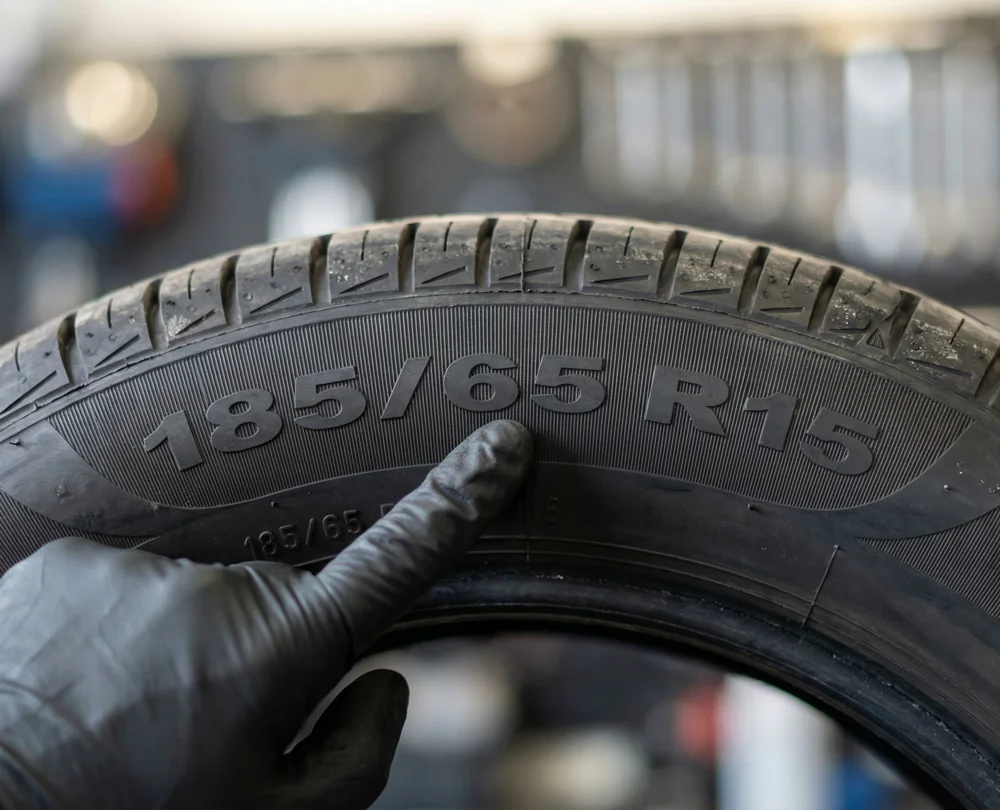 Close-up van een autoband met bandenmaat 185 65 R15 duidelijk zichtbaar"