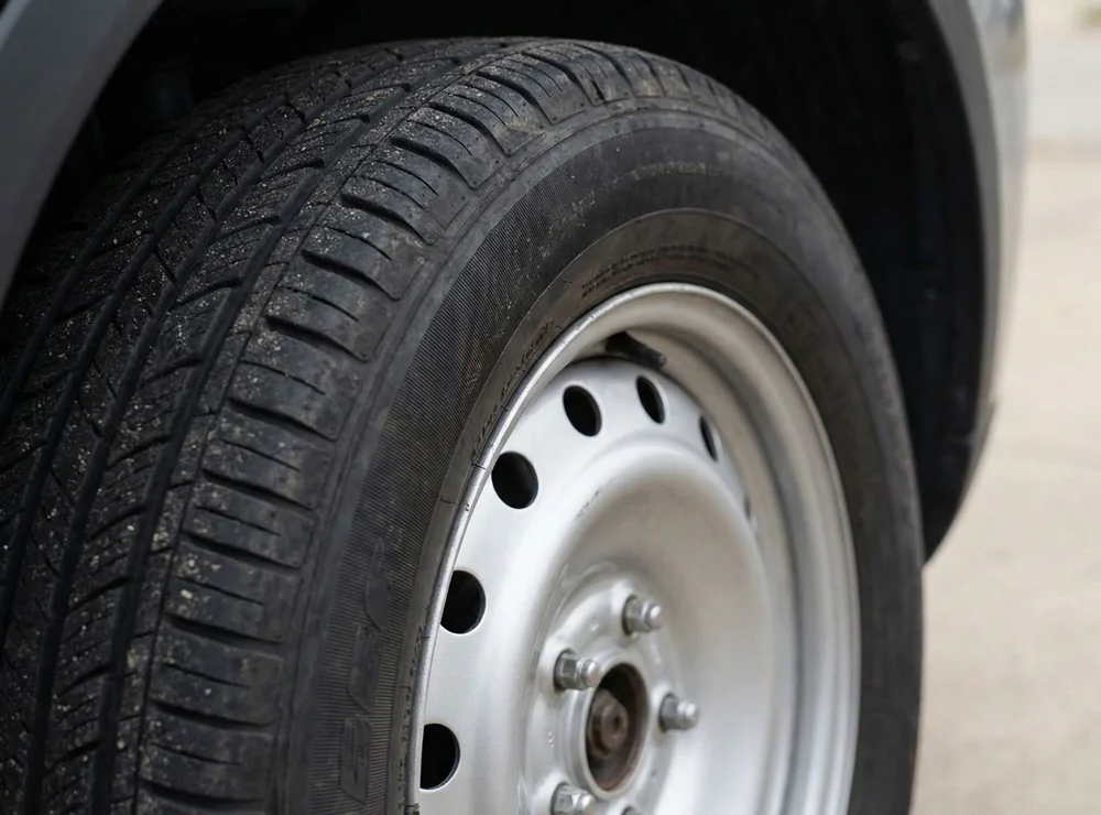Close-up van een autoband met bandenmaat 195 65 R15 duidelijk zichtbaar