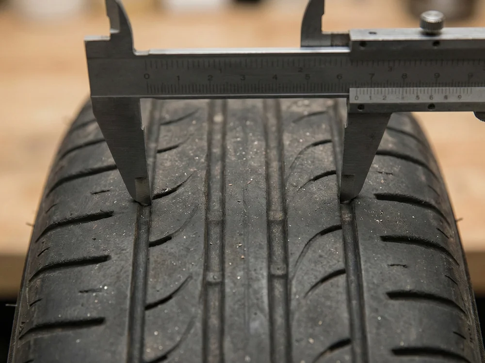 Monteur meet de profieldiepte van een autoband met bandenmaat 195 65 R15