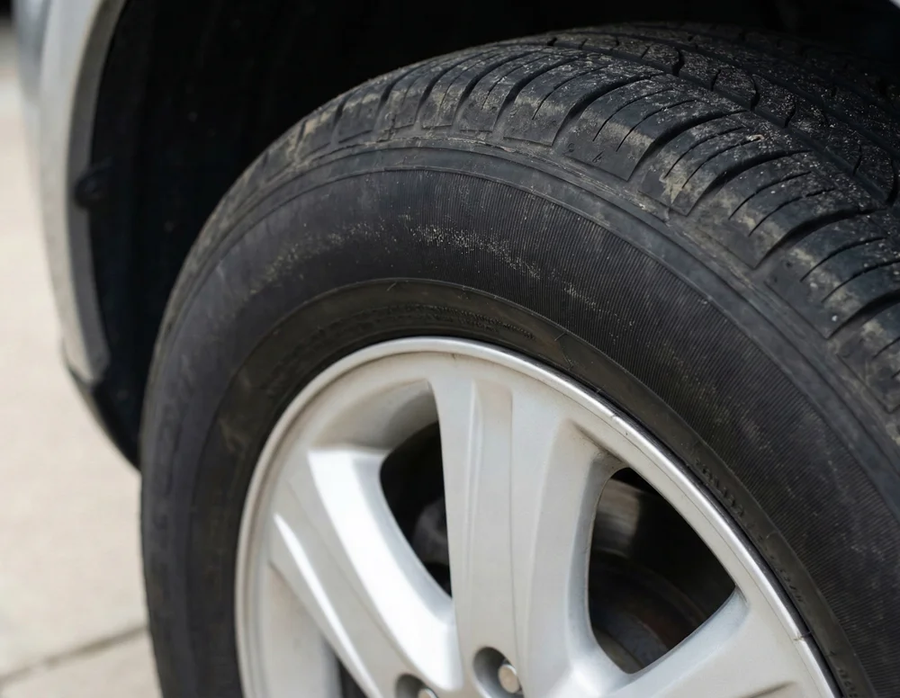 Close-up van een autoband met bandenmaat 205 55 R16 duidelijk zichtbaar