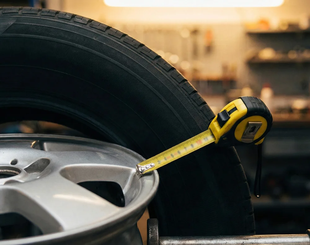 Meetlint wordt gebruikt om de bandenmaat 205 55 R16 van een autoband te controleren