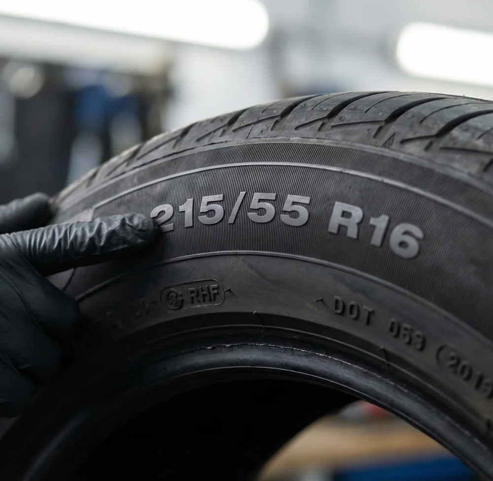 Close-up van een autoband met bandenmaat 215 55 R16 duidelijk zichtbaar