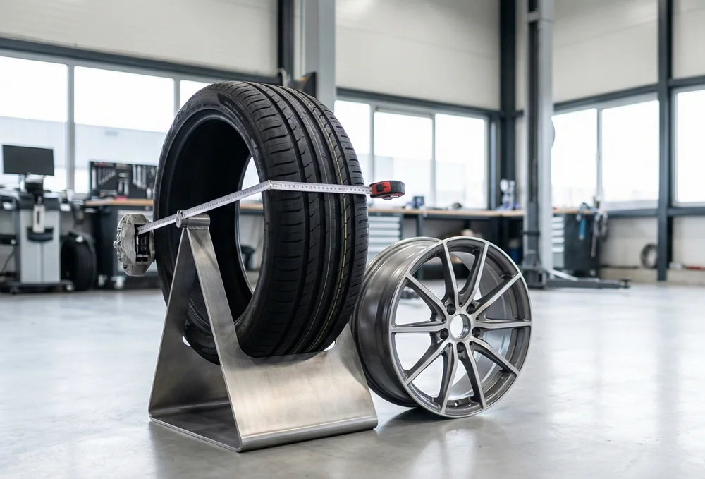 Close-up van een autoband met bandenmaat 225 40 R18 in een professionele werkplaats