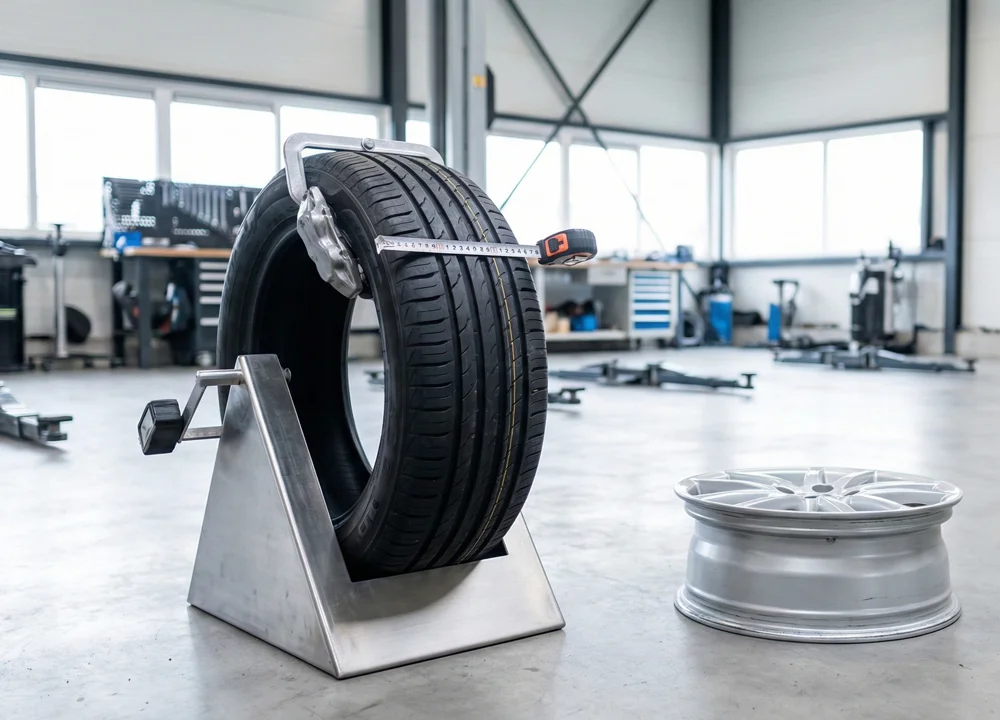 Close-up van een autoband met de opdruk Bandenmaat 225 45 R17 in een professionele werkplaat