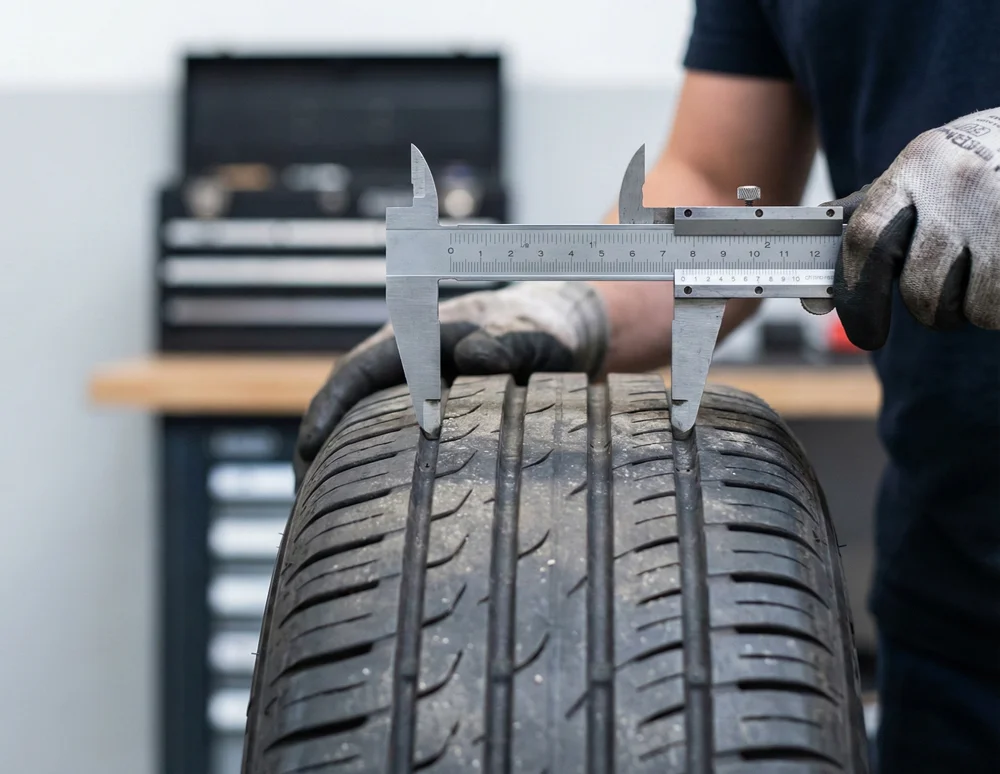 Monteur meet de profieldiepte van een autoband met een digitale schuifmaat