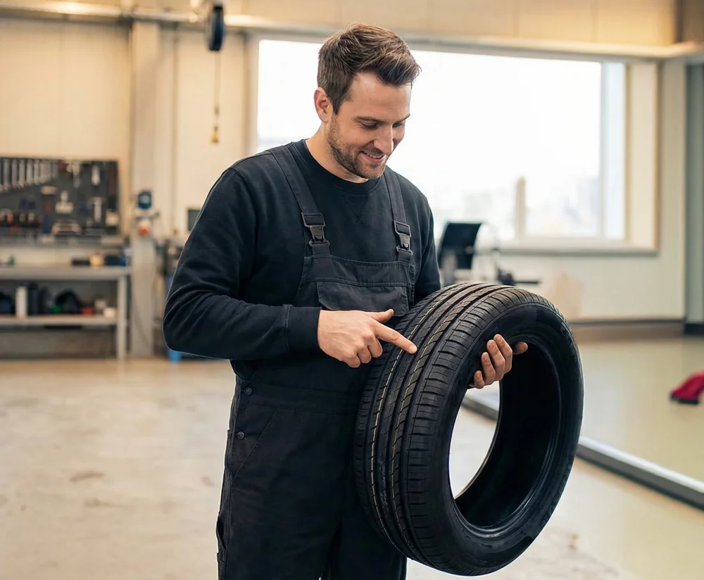 Monteur in de werkplaats wijst naar de bandenmarkeringen op een nieuwe autoband voor uitleg aan de klant