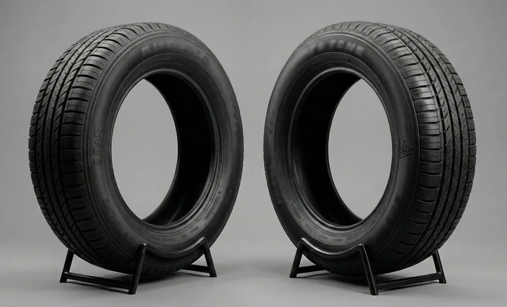 Twee autobanden op standaarden met zichtbare bandenmarkeringen voor winter- en all-season gebruik