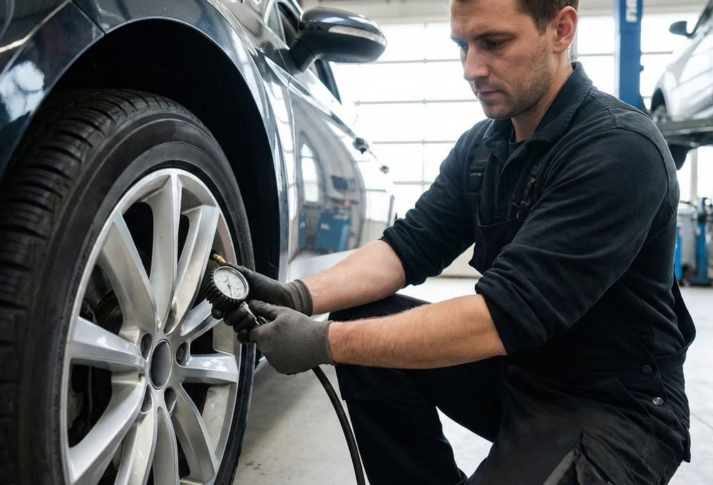 Monteur controleert bandenspanning met manometer in garage