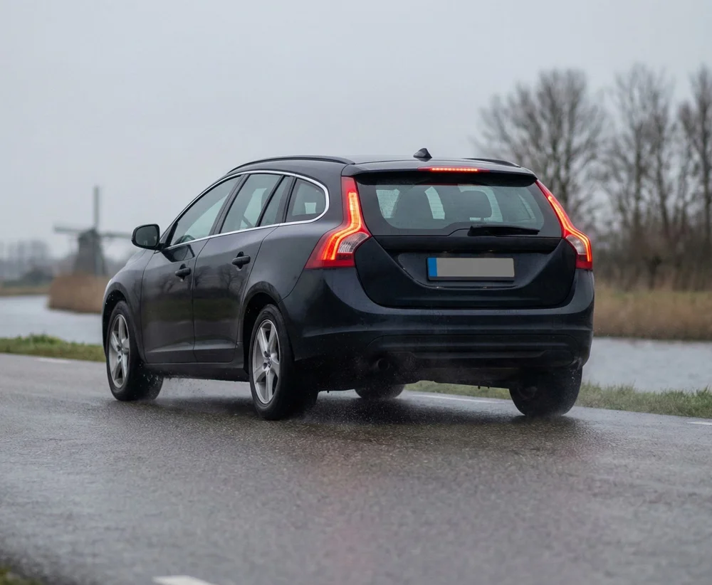 Zwarte auto rijdt op natte weg met correcte bandenspanning