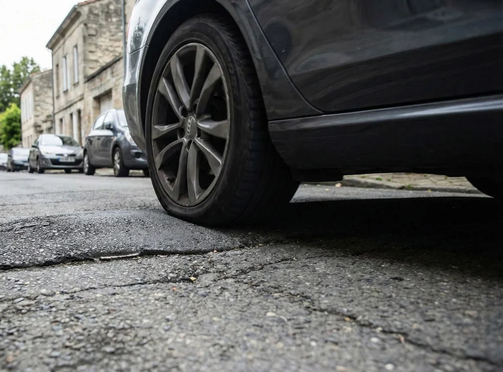 Auto rijdt over een hobbelige weg met een lekke band door lage bandenspanning