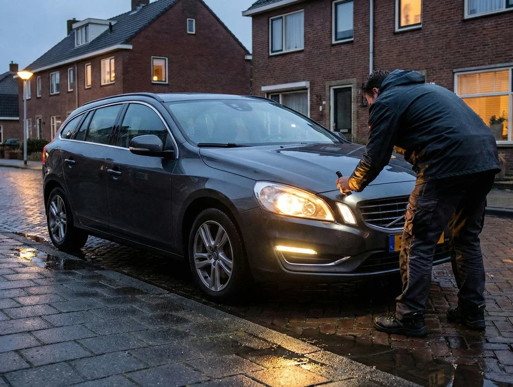 Man inspecteert de koplampen van zijn auto voor een goede voorbereiding APK