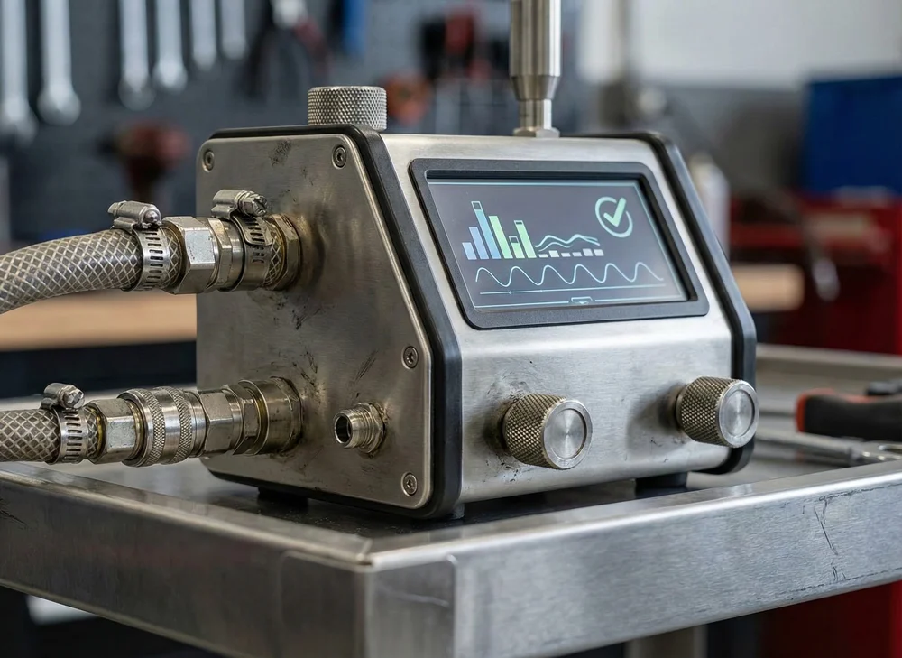 Close-up van geavanceerd apparaat voor deeltjestellertest bij APK