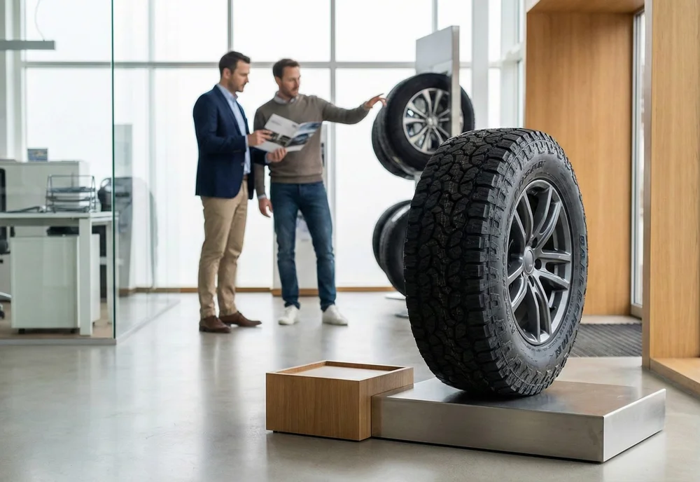 Klant en adviseur bespreken de voordelen van extra load banden in een moderne showroom