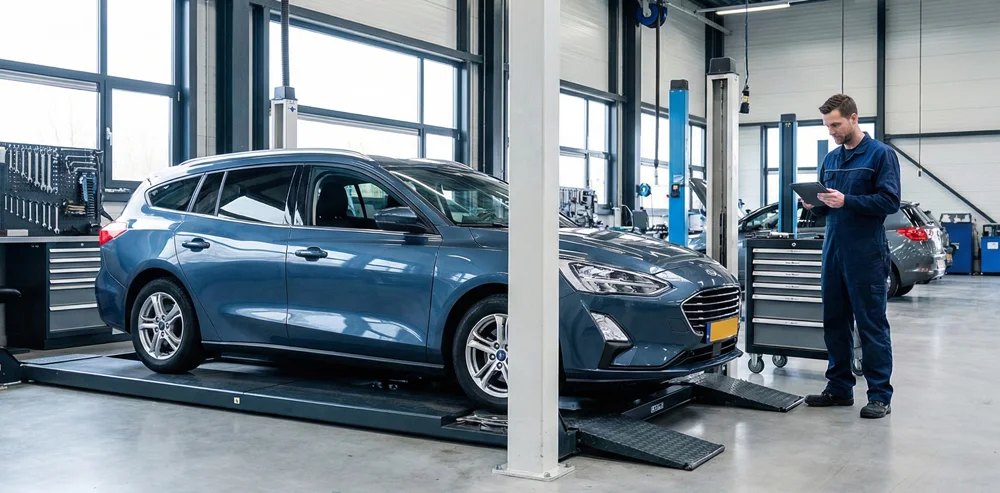 Monteur controleert auto op hefbrug tijdens Ford merkbeurt