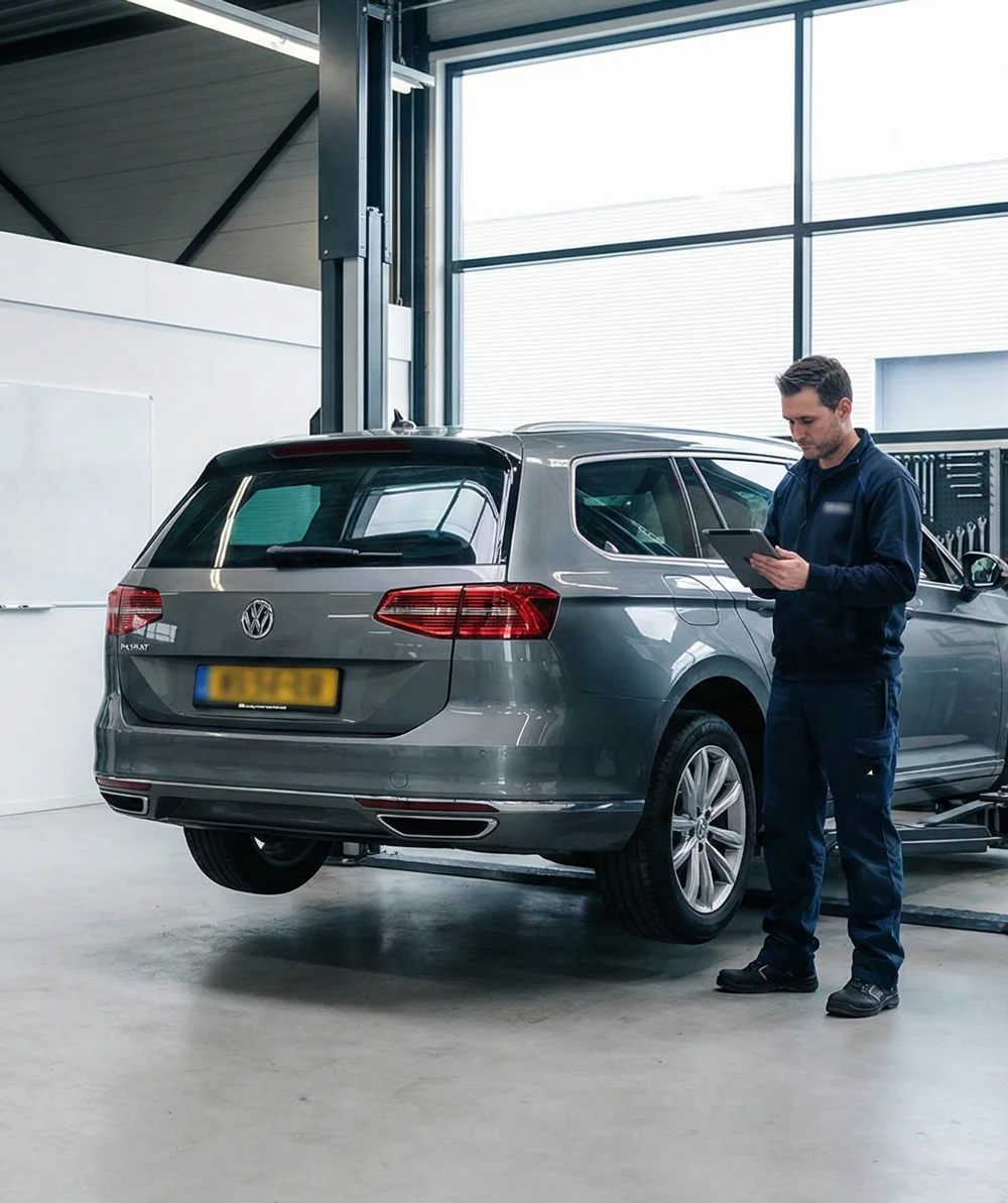 Monteur leest gegevens uit op tablet bij Ford merkbeurt auto in werkplaats