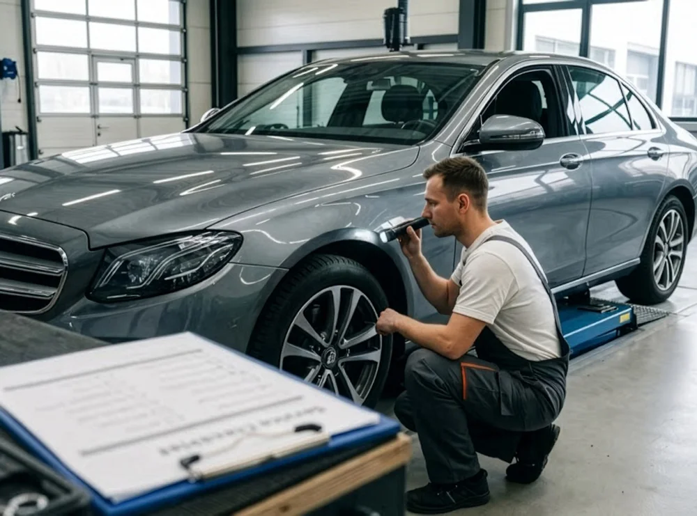 onteur controleert bandenprofiel en bandenspanning tijdens grote beurt